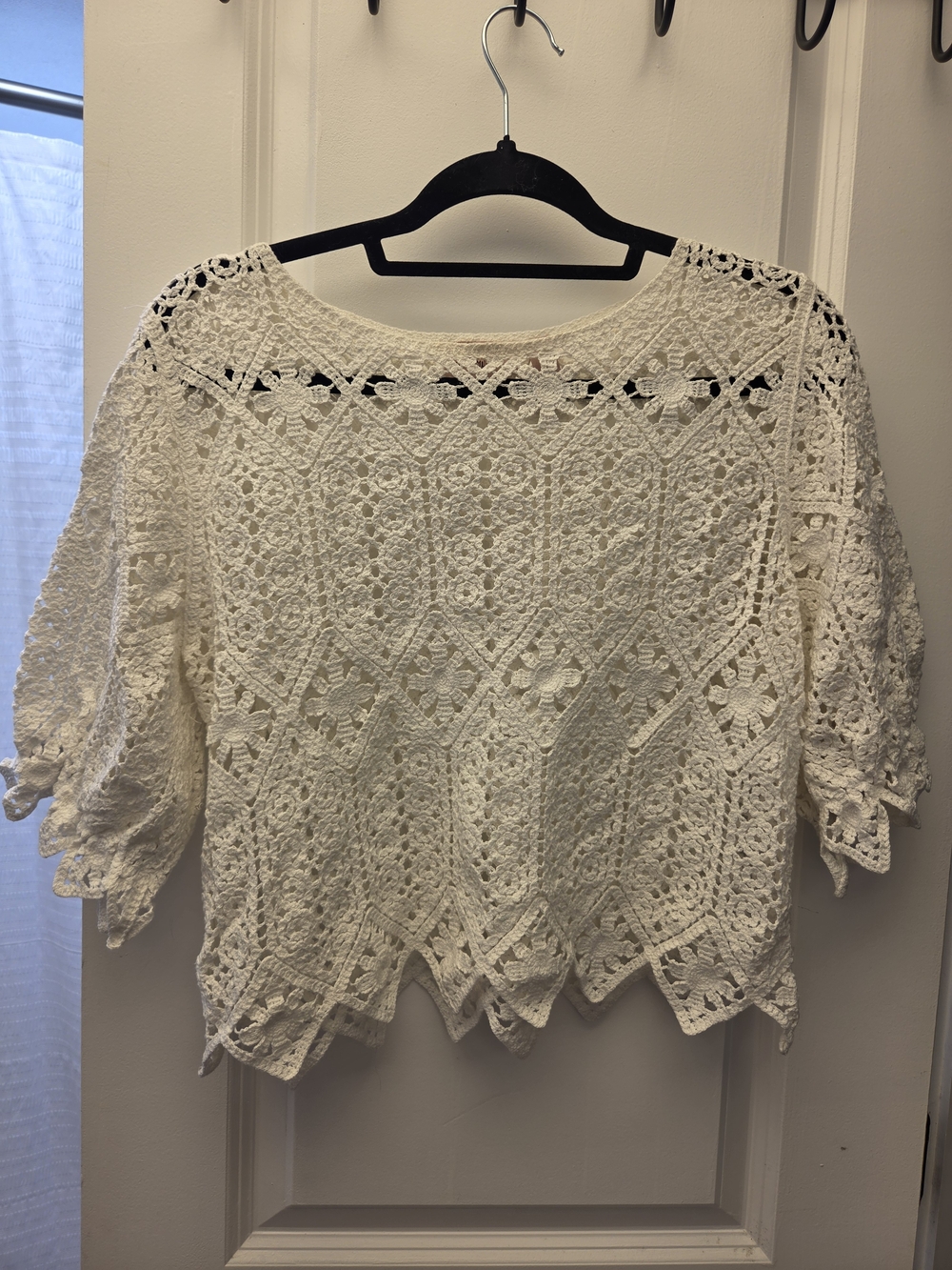 Willow & Root White Sheer Floral Lace Ruffle Round Neck Blouse Top Womens L